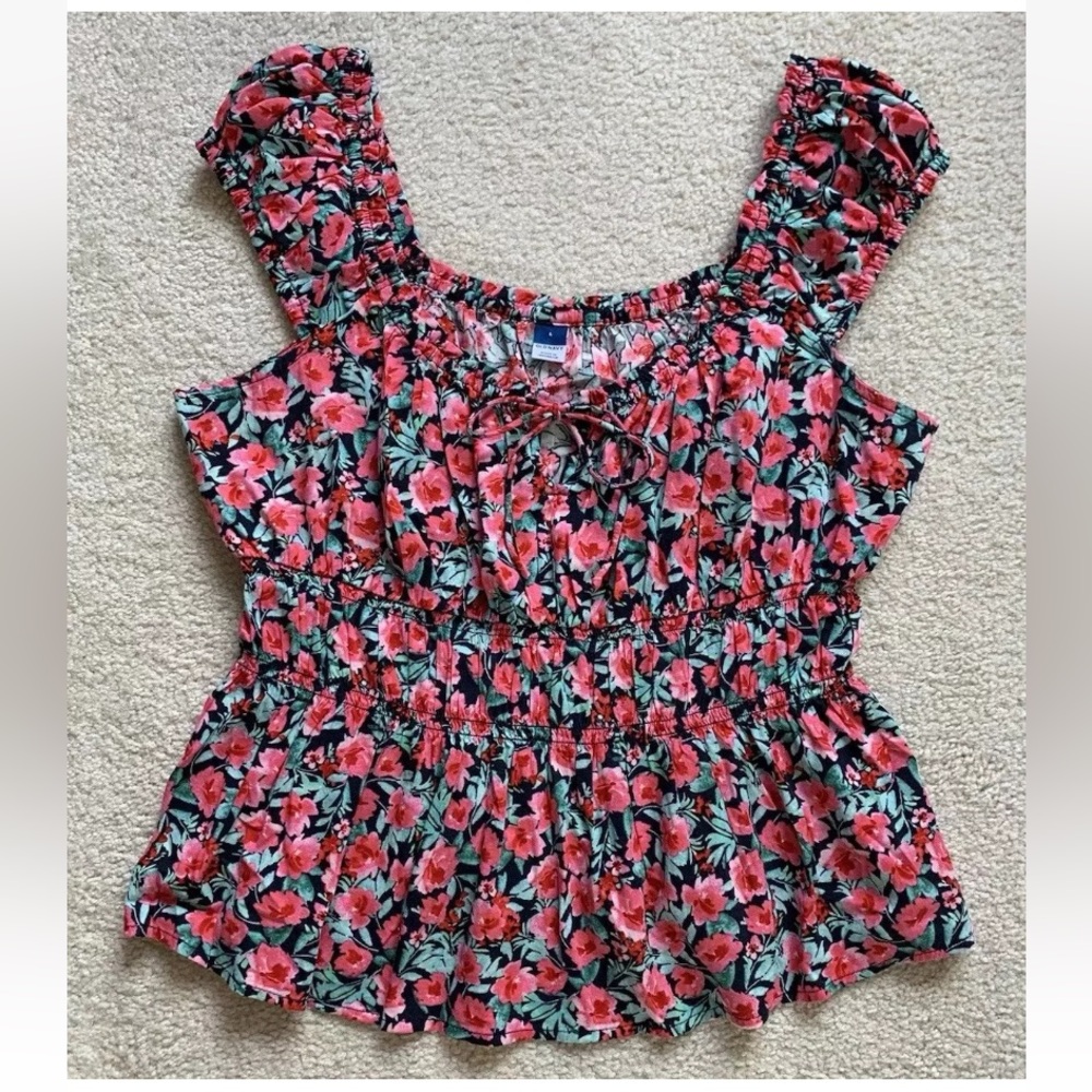 Old Navy Floral Shirred Milkmaid Top Sleeveless Womens L Pink Navy Cottagecore